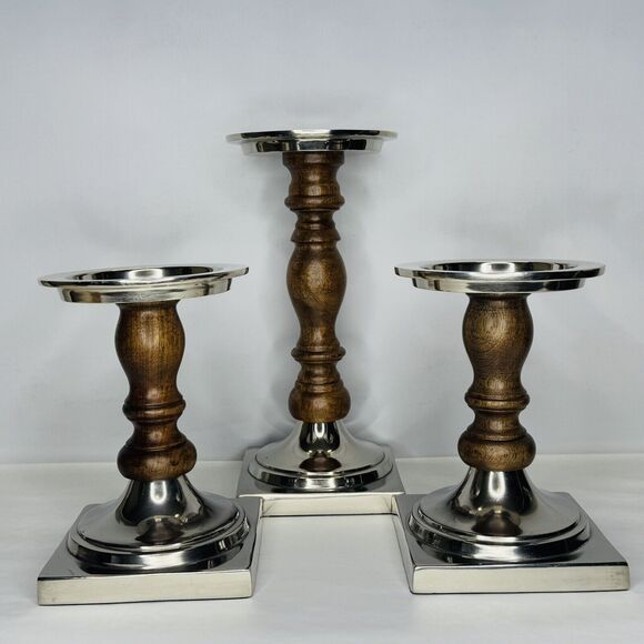 Pottery Barn Baxter Silver & Wood Pillar Candle Holders 12" & 8" Tall Lot of 3